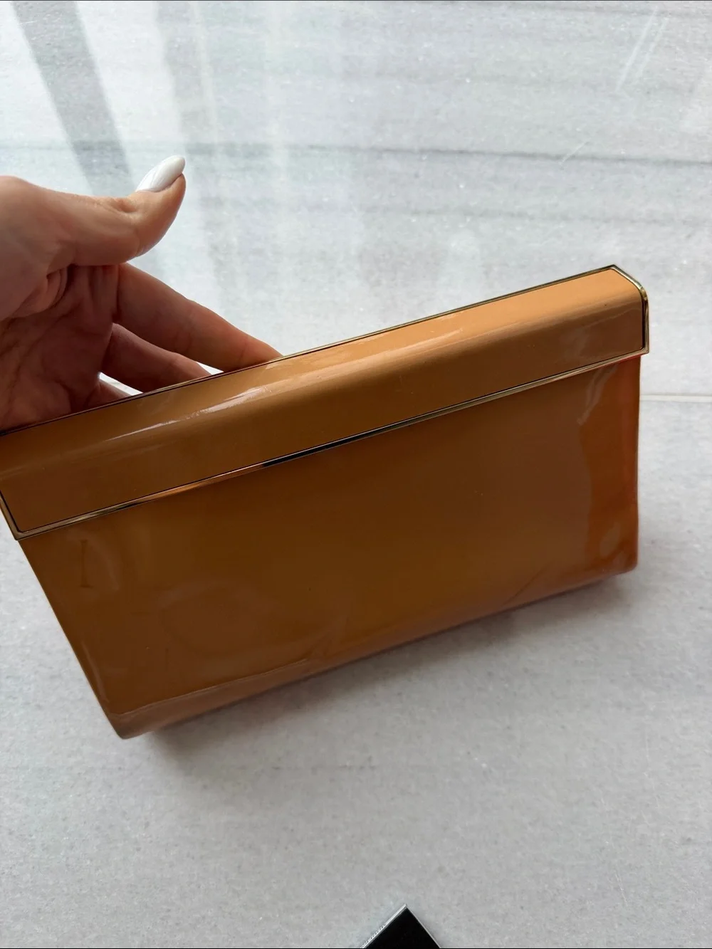 Jimmy Choo Tan Patent Leather Clutch with Gold Trim